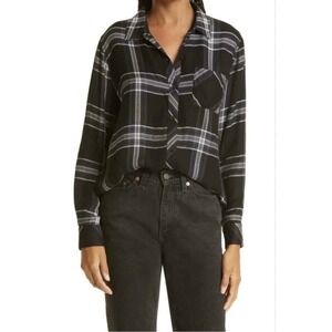 Rails Hunter Plaid Button Down Shirt Black Ivory Lurex Long Sleeve Women